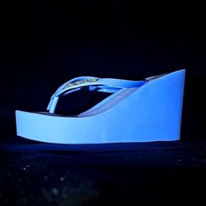 Size M Rare powder blue Bebe wedge thong sandals